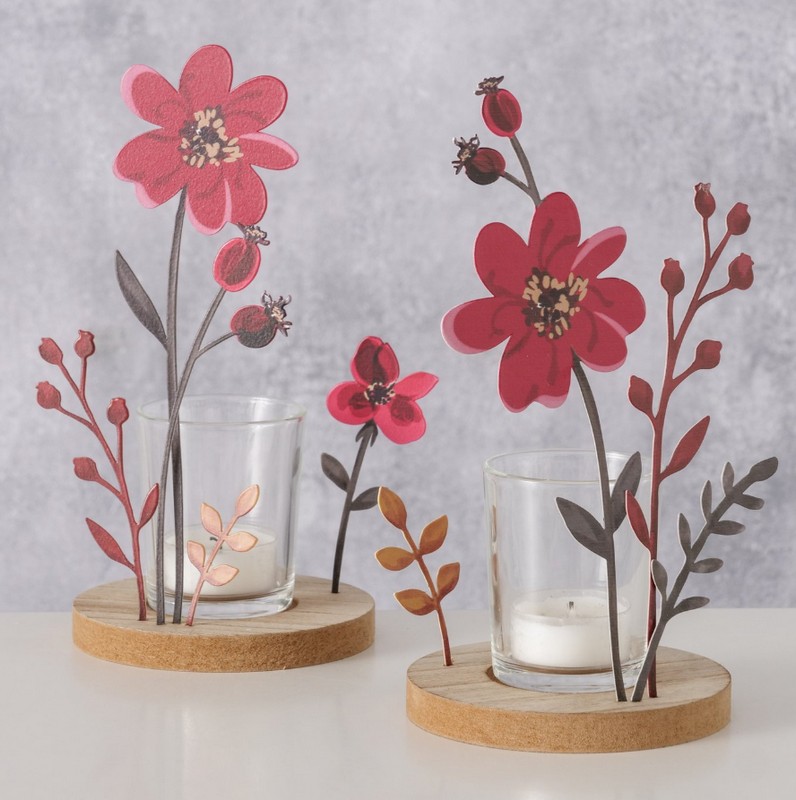 Portacandele in vetro con rosa canina in metallo su base di legno in 2 varianti assortite, perfetto come decoro autunnale
